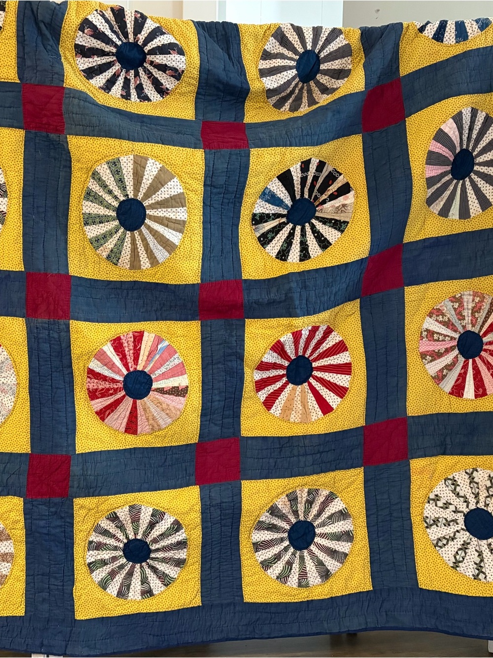 Antique Handmade Wheel Quilt  in Yellow & Navy